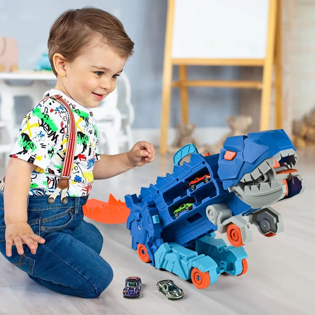 Transport Dinosaur Truck Toy with Foldable Sliding Race Track – Transforms into Standing T-Rex Playset for Kids 2.webp