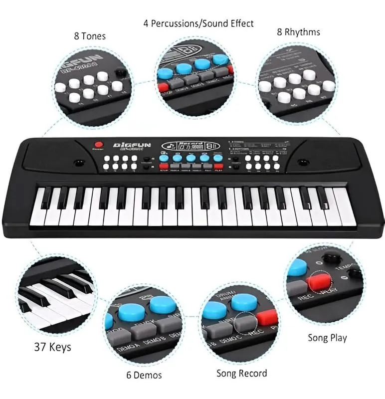 Kids Piano Keyboard with Mic - 37 Keys - 8 Tones - 8 Rhythms - 4 Percussions - 6 Demos - Volume & Tempo Control - Recording & Playback - Animal Sound Effects 2.webp