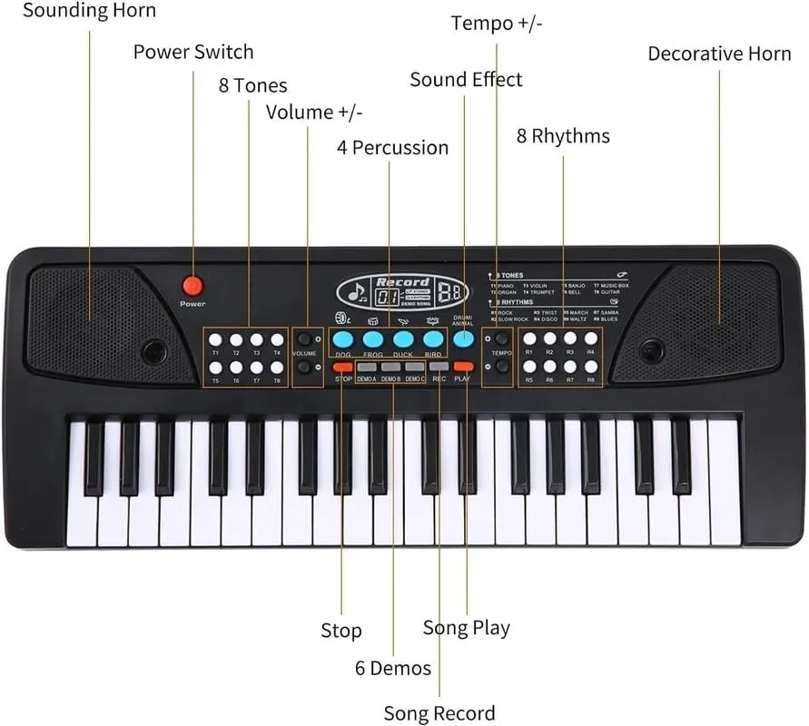 Kids Piano Keyboard with Mic - 37 Keys - 8 Tones - 8 Rhythms - 4 Percussions - 6 Demos - Volume & Tempo Control - Recording & Playback - Animal Sound Effects 4.webp
