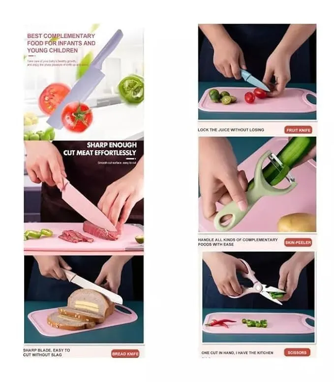 Colorful Kitchen Knife Set - 6 PCS Stainless Steel Chef Knives - Non-Stick Coated Blades & Ergonomic Handles - Multipurpose Cooking Set (Pink) 3.webp