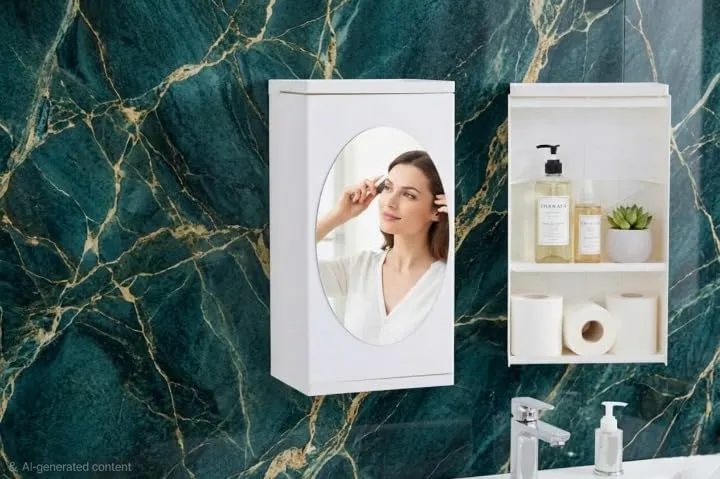 Wall Mounted Bathroom Cabinet with Mirror - Rotatable Storage Organizer Shelf - Space Saving Plastic Vanity Unit for Kitchen Bathroom Bedroom 2.webp