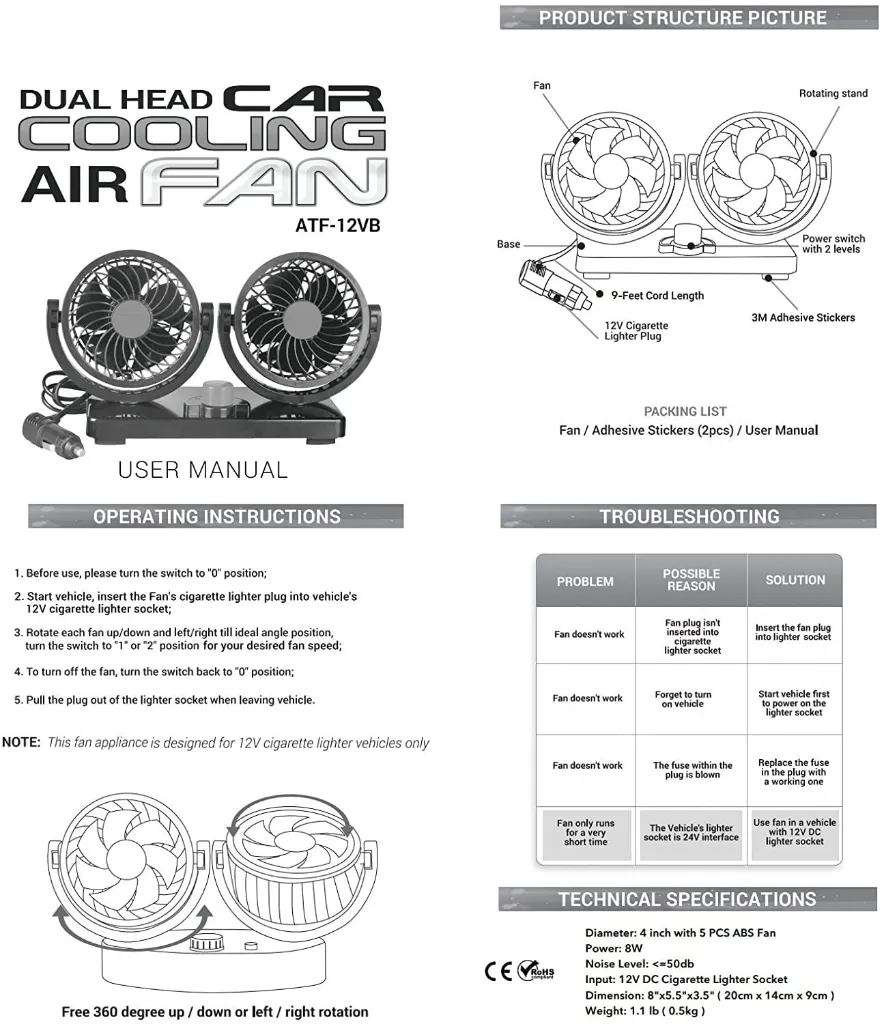Electric Car Dashboard Fan - 360° Rotatable Dual Head Cooling Fan - 2 Speed Powerful Air Circulation Auto Fan 2.webp