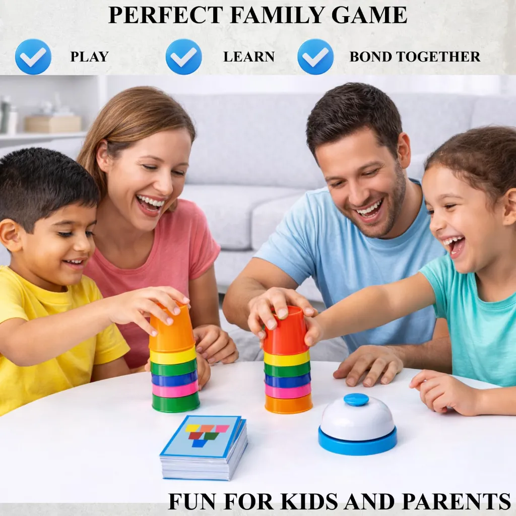 Cup Stacking Battle Game for Kids - Color Matching Puzzle with Bell - Fast Brain Game with Challenge Cards - Educational Montessori Toy 7.webp