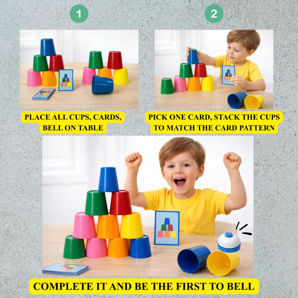 Cup Stacking Battle Game for Kids - Color Matching Puzzle with Bell - Fast Brain Game with Challenge Cards - Educational Montessori Toy 4.webp