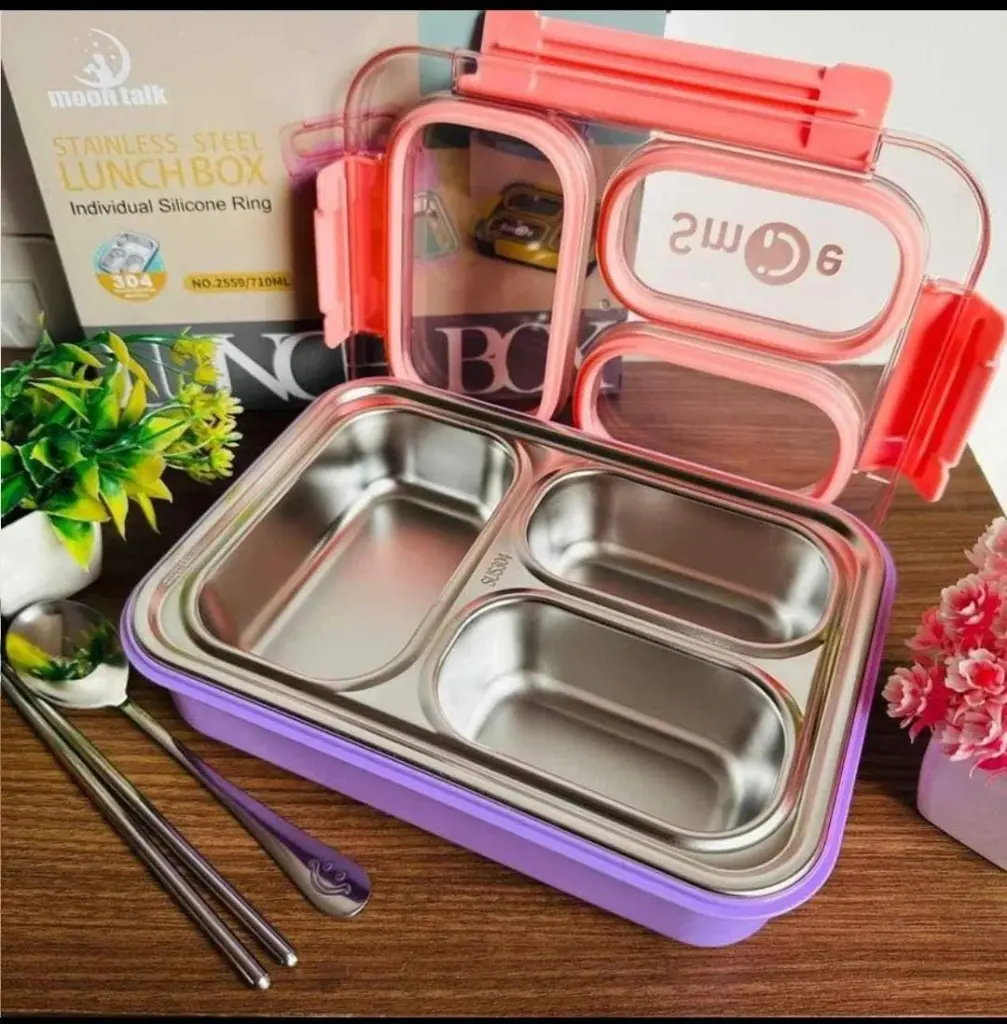 Stainless Steel 3-Compartment Lunch Box – Leak-Proof, BPA-Free, 710ml (Model 2559) 2.webp