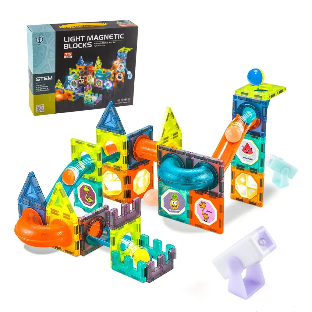 75 Pcs Light Magnetic Tiles for Kids – 3D STEM Building Blocks & Marble Run Toy Set 8.webp