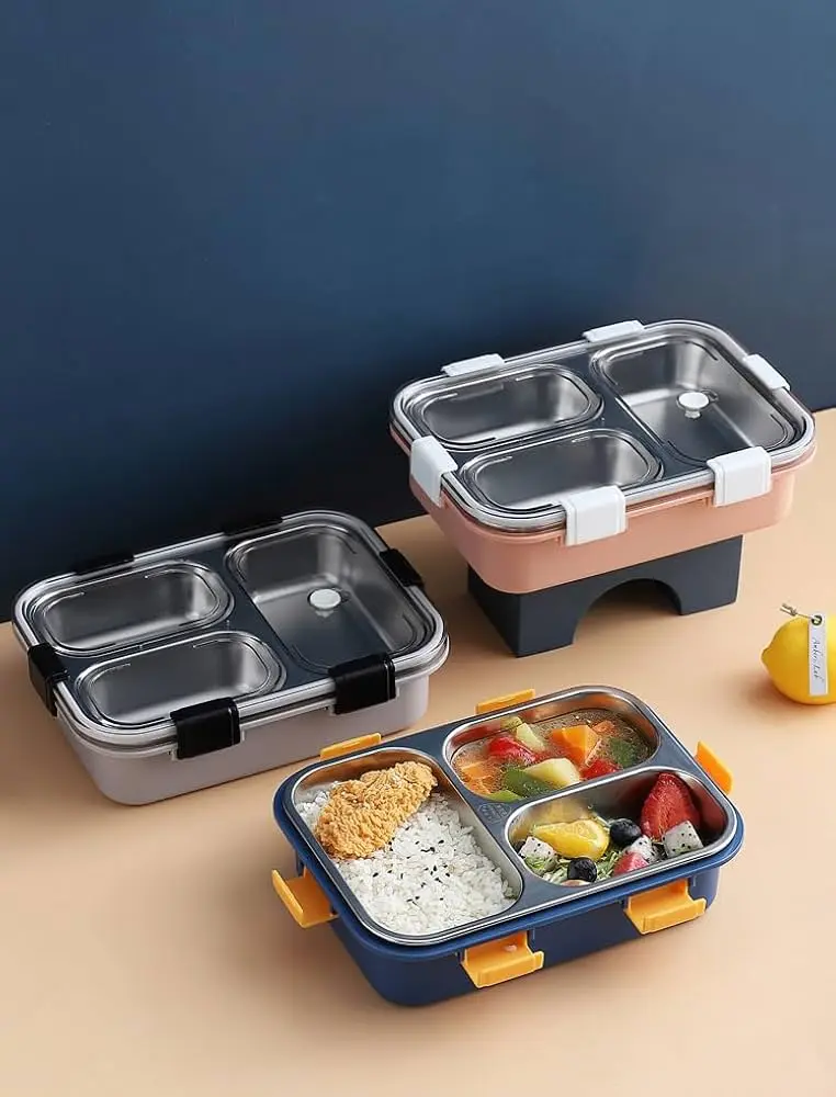 Stainless Steel 3-Compartment Lunch Box – Leak-Proof, BPA-Free, 750ml (Model 7059) 