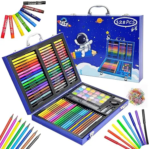 [KBS-906] Art Set for Kids (Medium) | 128-Piece Space Theme Drawing & Painting Kit for Kids – Complete Art Set with Watercolors, Oil Pastels, Crayons & Colored Pencils