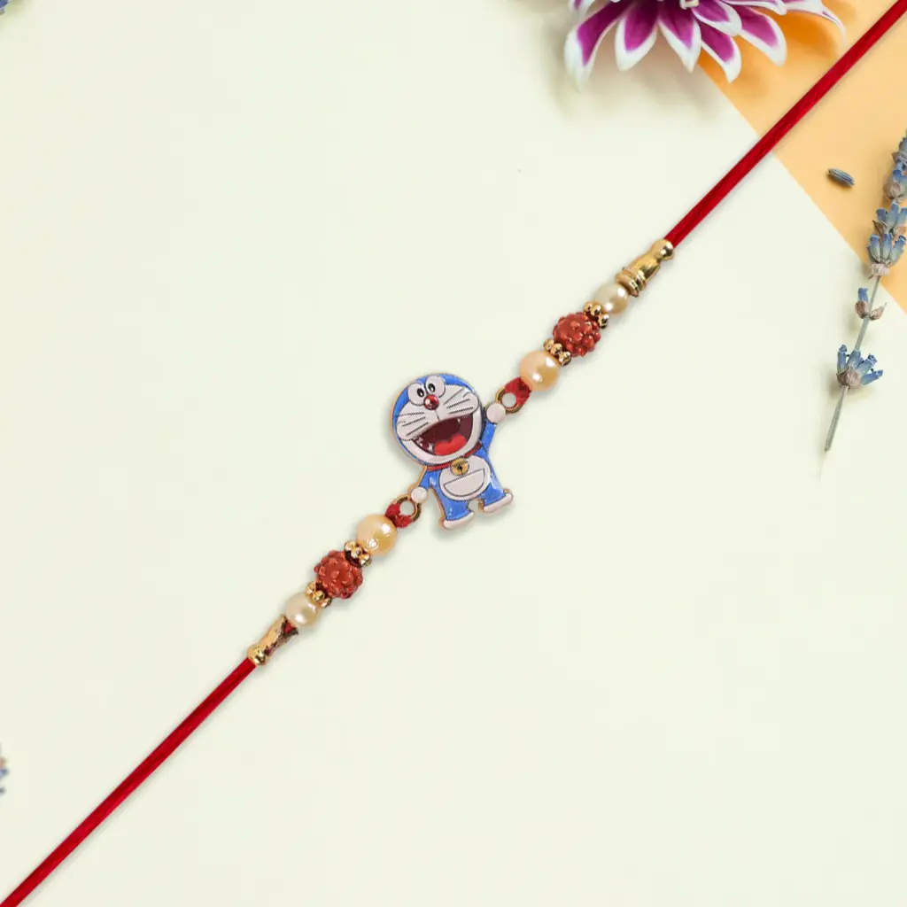 [KBS-1058] Cute Doraemon Kids Rakhi with Rudraksha & Pearl Beads