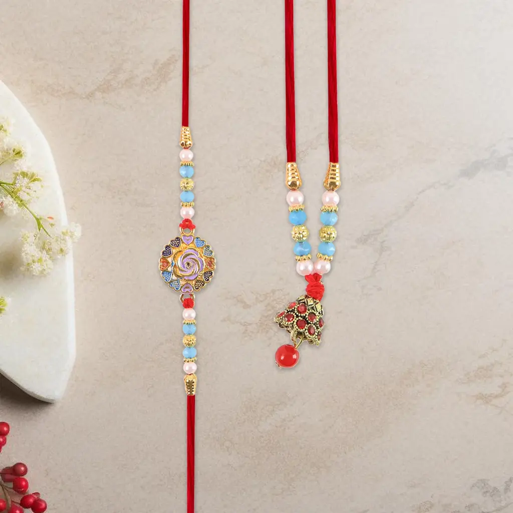 Bhaiya Bhabhi Rakhi Set – Designer Beads with Kundan Work & Enamel Floral Dial