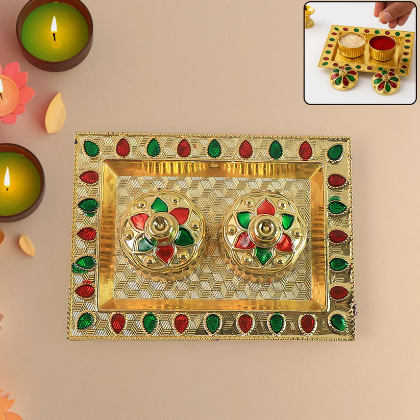 Decorative Golden Pooja Thali with Kumkum and Chawal Holders 