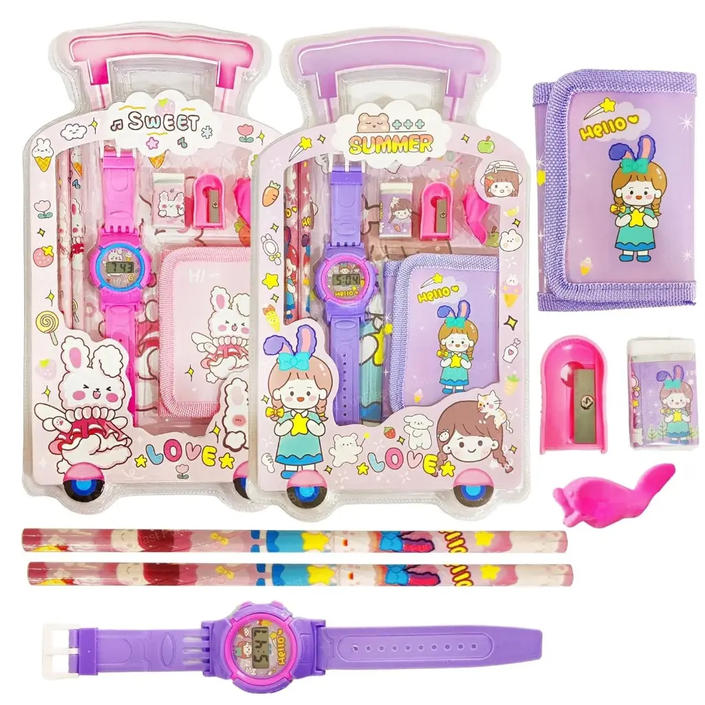 Kawaii Stationary Kit with Pencils, Small Purse with Wrist Watch, Sharpener, Erasers for Kids (No 9005)