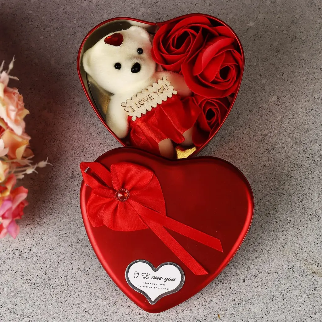 Valentine Heart Box (3 Artificial Rose & Teddy Bear)