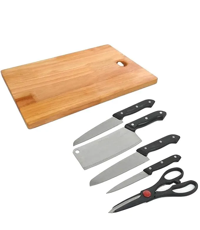 [KBS-1566] Wooden Chopping Board and Knife Set | Bamboo Cutting Board with 4 Pieces Stainless Steel Knives & Scissor