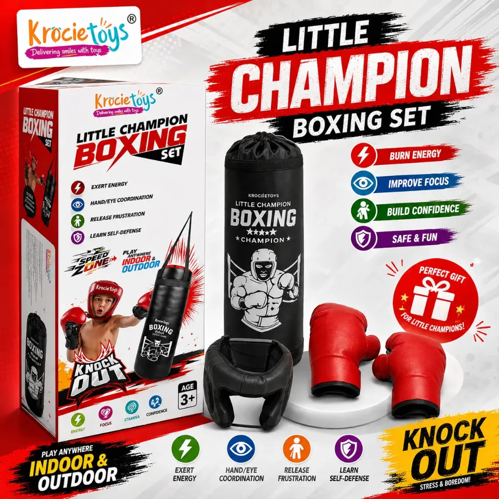 Krocie Toys Little Champion Boxing Set | Kids Punching Bag with Gloves & Head Guard | Indoor & Outdoor Boxing Toy