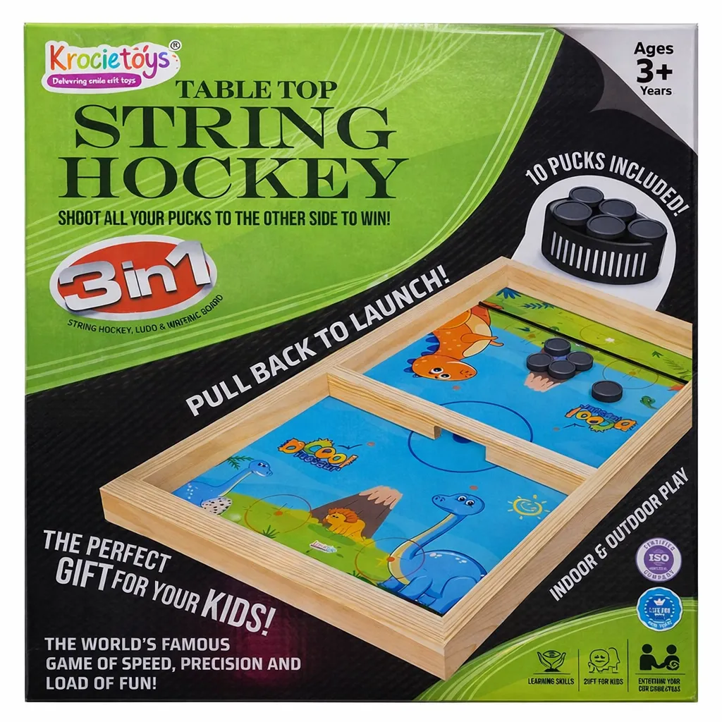 [KBS-1578] Krocie Toys Table Top String Hockey Game | 3-in-1 Board Game (String Hockey, Ludo & Writing Board) | Indoor & Outdoor Family Game for Kids