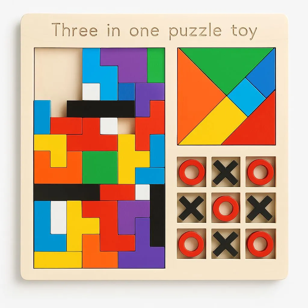 [KBS-1594] 3 in 1 Wooden Puzzle Toy for Kids | Tetris Blocks, Tangram Shapes & Tic-Tac-Toe | Educational Montessori Toy for Kids