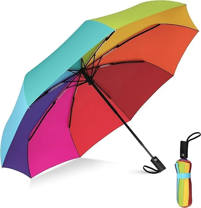 [KBS-1615] Auto Open Close Rainbow Umbrella | Compact Windproof Travel Umbrella for Women, Men & Kids | Portable for Rain & Wind