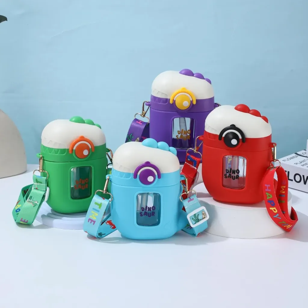 [KBS-1688] Cute Dinosaur Water Bottle with Straw & Sling Strap | Leak-Proof BPA-Free Sipper for School & Travel | Flip Lid | Multicolor