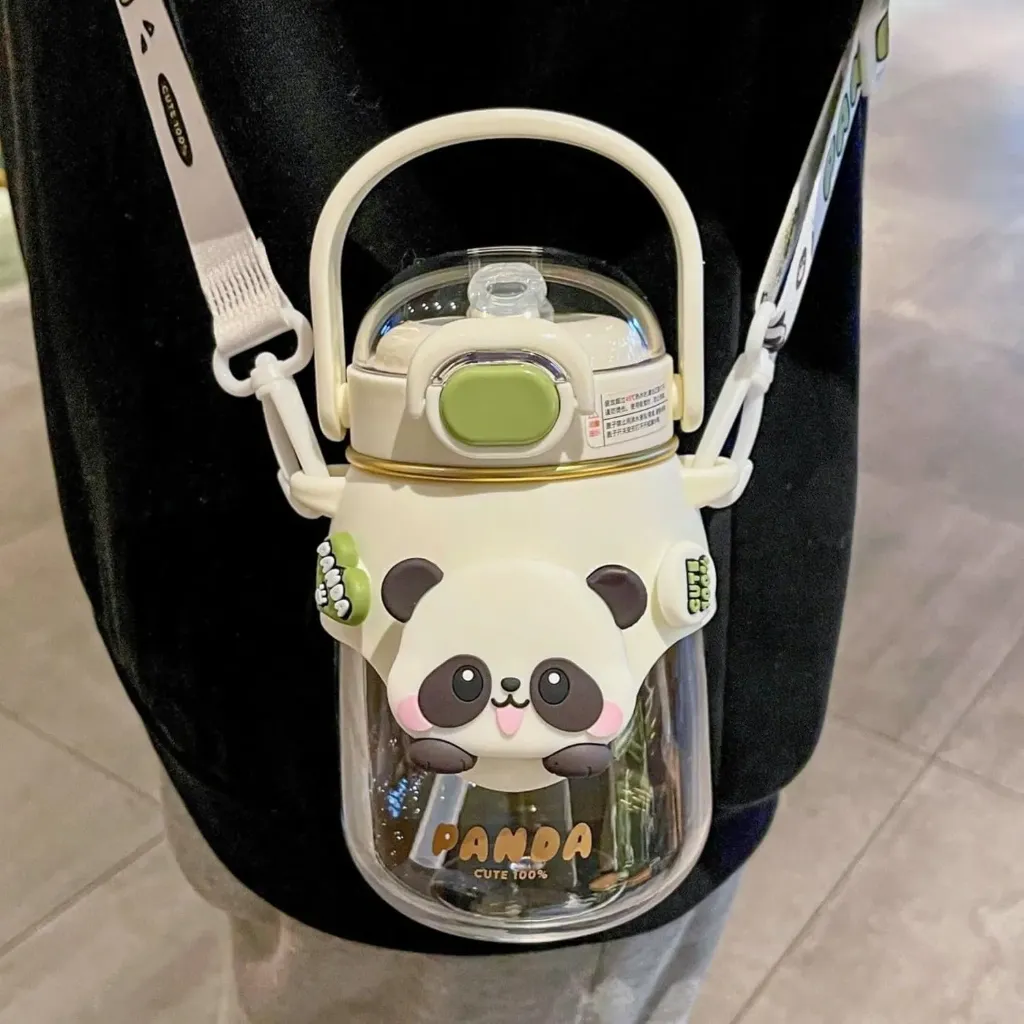 [KBS-1689] Cute Panda Water Bottle with Straw | Leak-Proof Drinking Cup with Adjustable Strap & Foldable Handle for School, Sports & Travel (Multicolor)