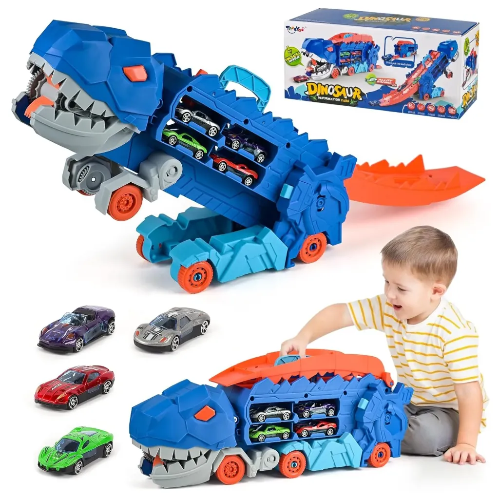 [KBS-1739] Transport Dinosaur Truck Toy with Foldable Sliding Race Track – Transforms into Standing T-Rex Playset for Kids