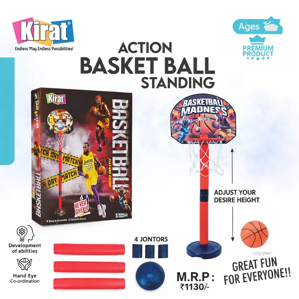 Kirat Action Basketball Standing Set – Adjustable Height Kids Basketball Hoop with Ball, Indoor & Outdoor Sports Toy