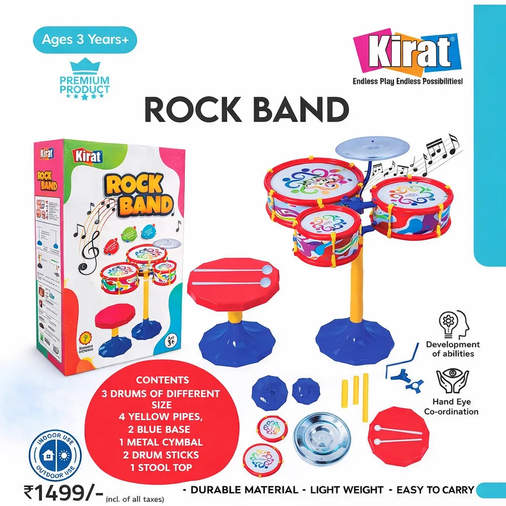 [KBS-1744] Kirat Rock Band Drum Set for Kids – 3 Drum Musical Playset with Cymbal, Stool & Drum Sticks | Educational Indoor Musical Toy
