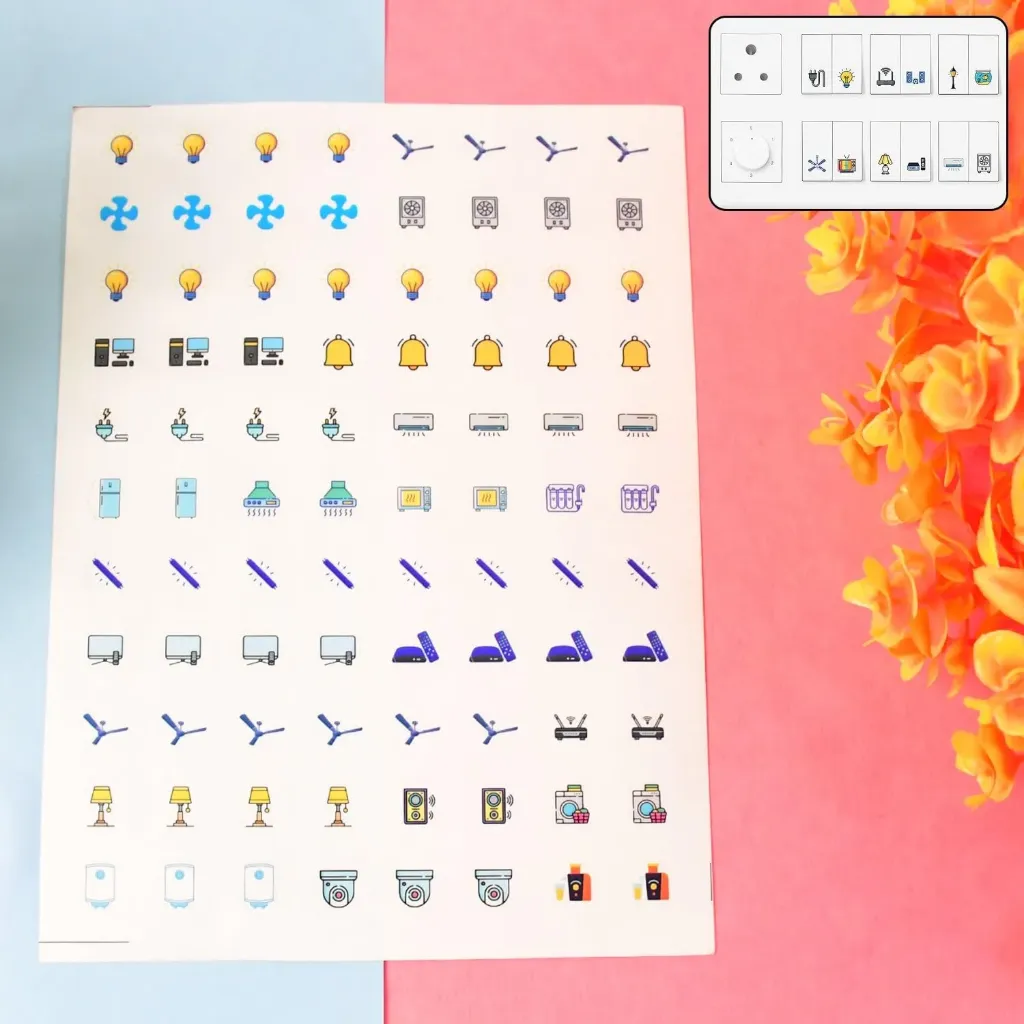 [KBS-1767] Smart Switch Icon Sticker Sheet | 88 Icons | Self Adhesive Labels for Smart Touch Switches, Lights, Fans & Home Appliances (1 Sheet)