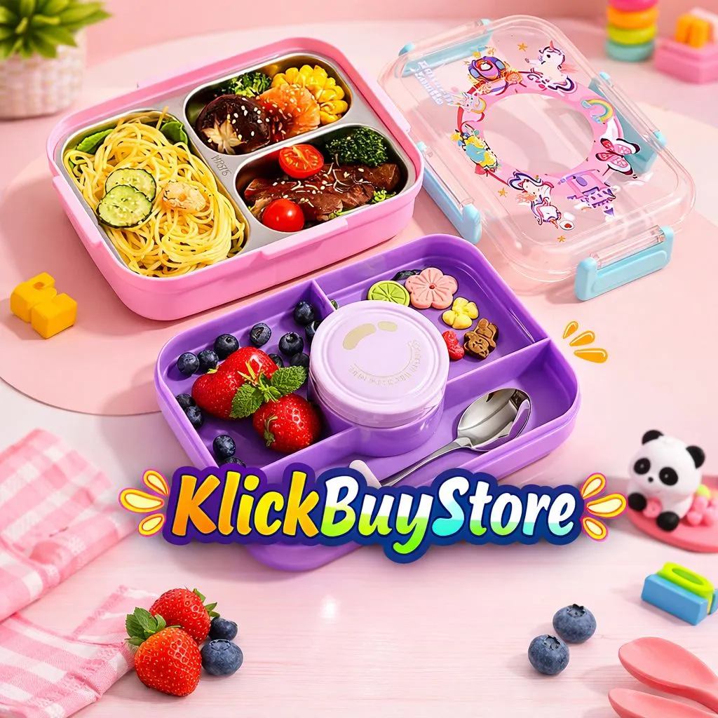 [KBS-1785] Stainless Steel 3 Compartment Lunch Box | Leak-Proof | BPA-Free | 750ml + Bowl 150ml + Steel Spoon | Model 2681