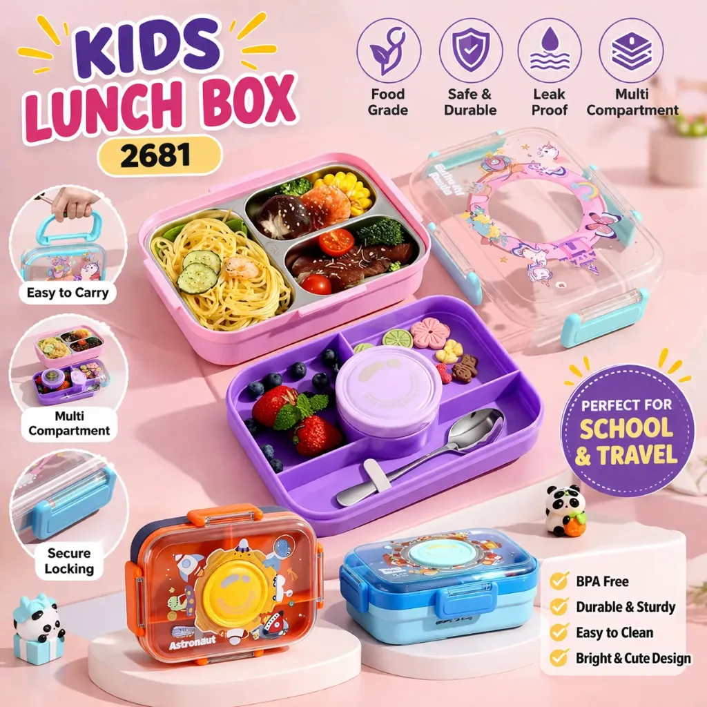 [KBS-1785] Stainless Steel 3 Compartment Lunch Box | Leak-Proof | BPA-Free | 750ml + Bowl 150ml + Steel Spoon | Model 2681
