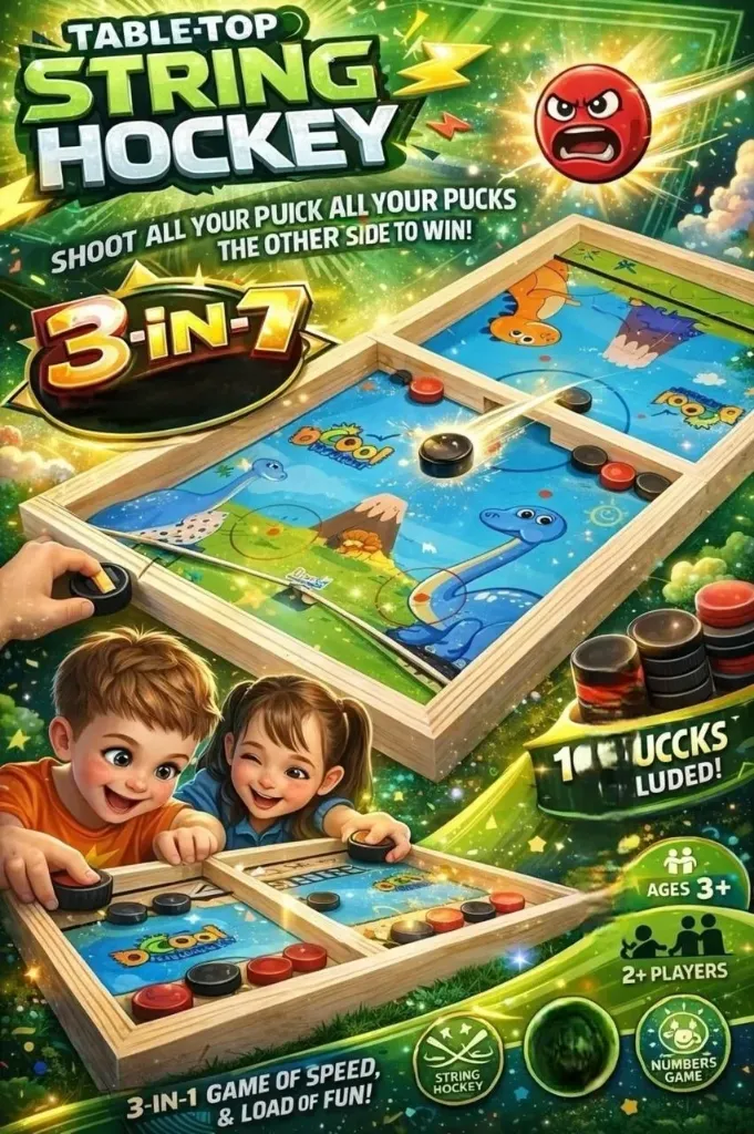 Krocie Toys Table Top String Hockey Game | 3-in-1 Board Game (String Hockey, Ludo & Writing Board) | Indoor & Outdoor Family Game for Kids