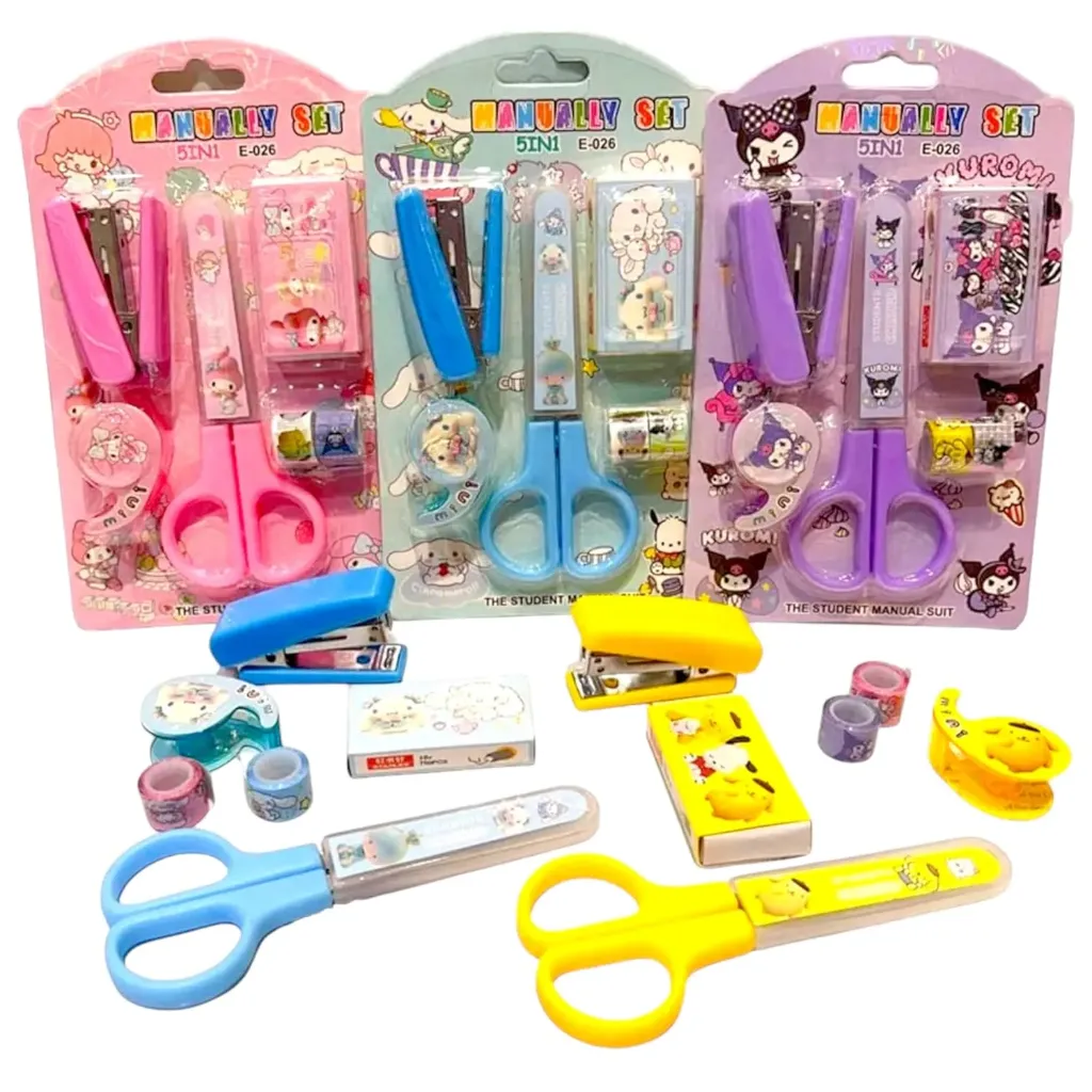 [KBS-1852] Stationery Kit (E-026) - Mini Stapler with 10 Staples, Scissors, 2 Washi Tapes & Tape Dispenser - 1 Kit (Random Design)