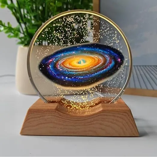Acrylic LED Lamp with Wooden Base | Space Theme Galaxy Warm Light Table Lamp for Home Décor, Bedroom & Gifts
