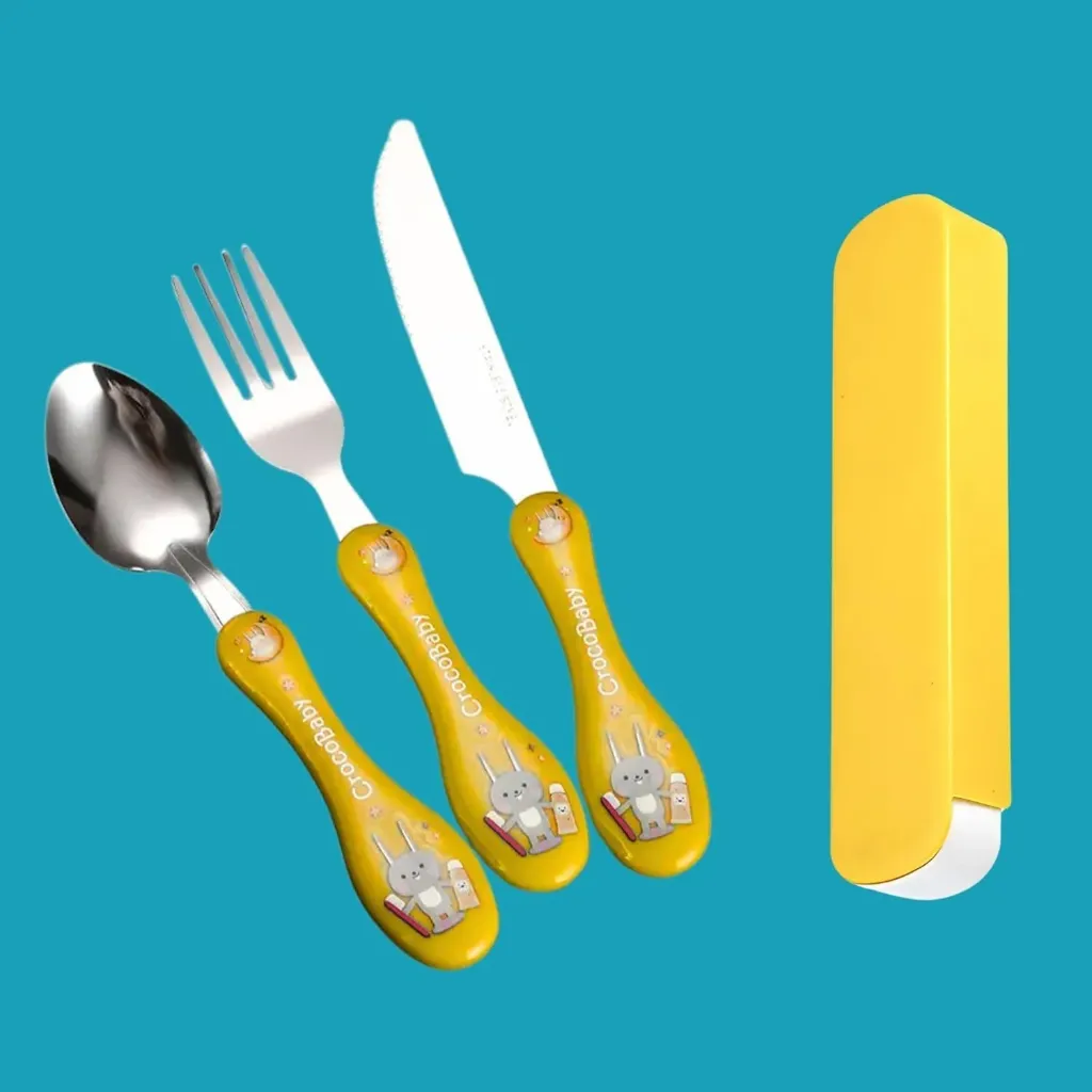 [KBS-1965] Spoon Fork Knife Set for Kids - 3 Piece Stainless Steel Cutlery with Carry Case - Rust Resistant Cartoon Design - Safe & Easy to Clean for School Travel & Home
