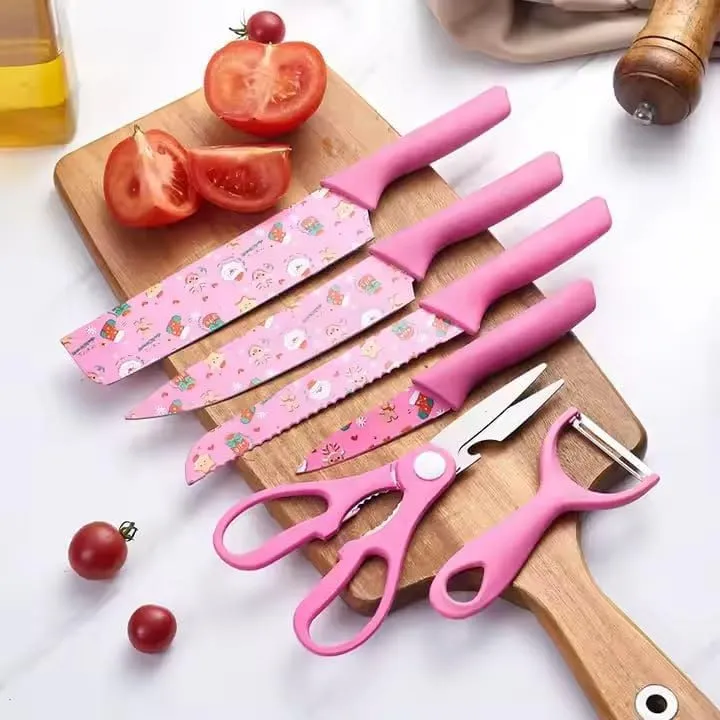 [KBS-1979] Colorful Kitchen Knife Set - 6 PCS Stainless Steel Chef Knives - Non-Stick Coated Blades & Ergonomic Handles - Multipurpose Cooking Set (Pink)