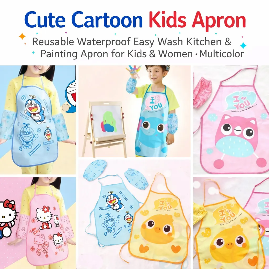 Cute Cartoon Kids Apron - Reusable Waterproof Easy Wash Kitchen & Painting Apron for Kids (Multicolor)