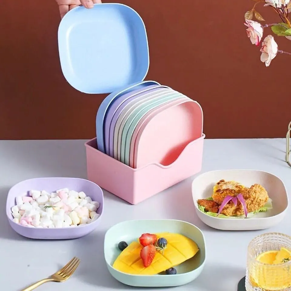 [KBS-2002] Square Plastic Dinner Plate Set - 10 Unbreakable Colorful Plates with Stand - Plates for Snacks, Fruits & Picnic