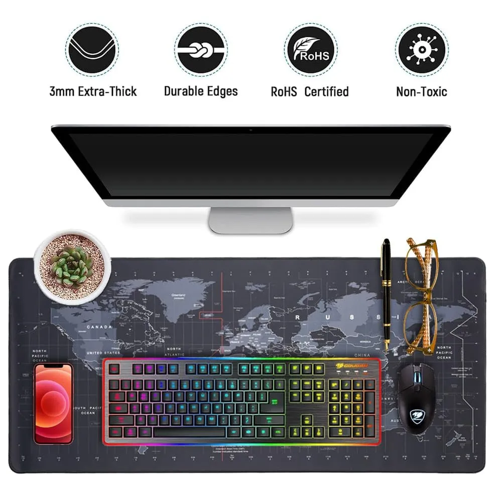 World Map Keyboard Mat - 80x30 cm Extended Gaming Mouse Pad - Anti Slip Rubber Base with Stitched Edges for Laptop & Computer