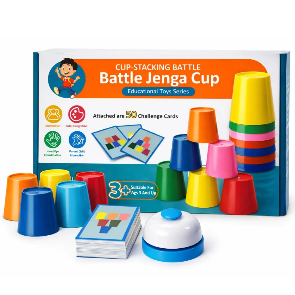 Cup Stacking Battle Game for Kids - Color Matching Puzzle with Bell - Fast Brain Game with Challenge Cards - Educational Montessori Toy