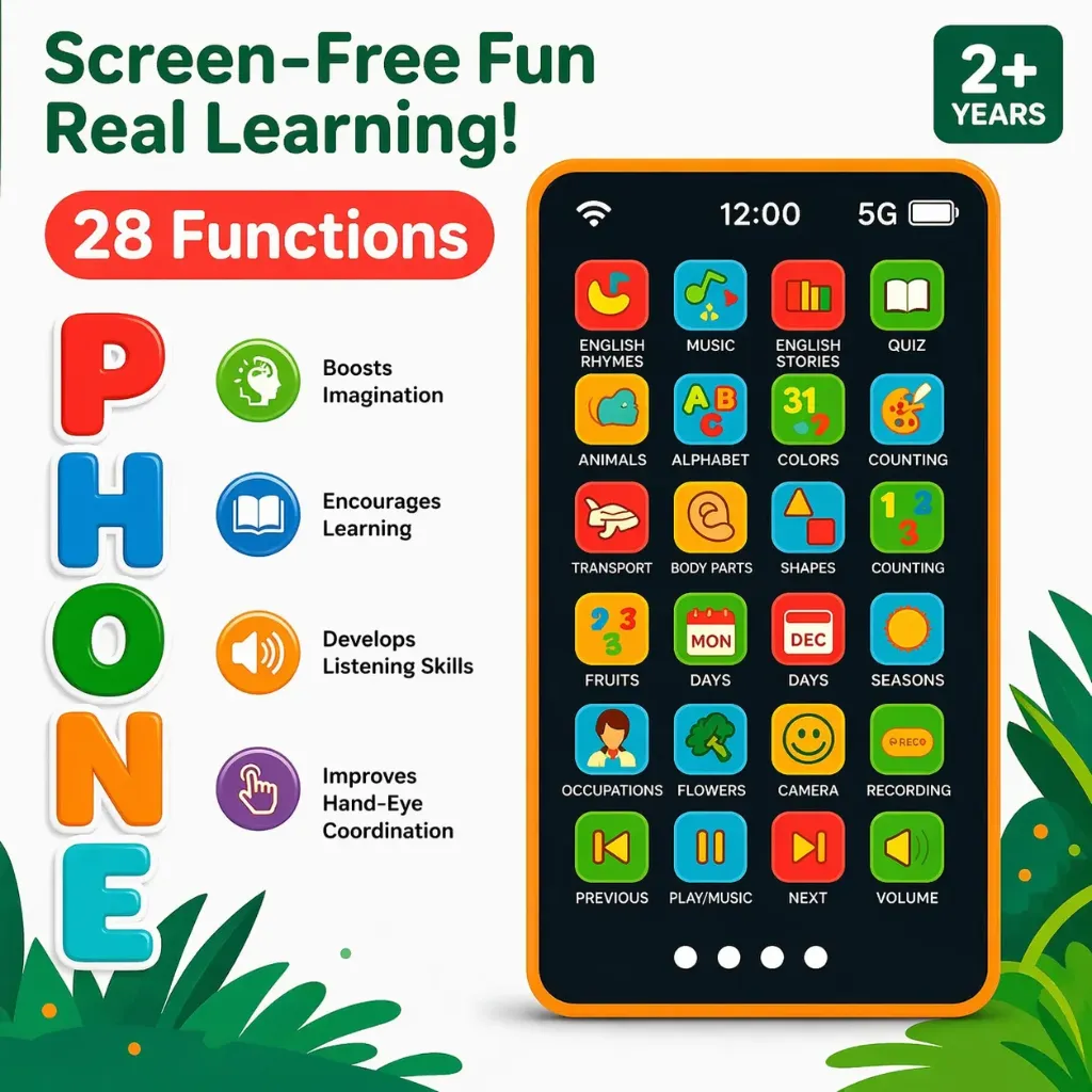 [KBS-2018] Edu Phone - Educational Kids Learning Phone Toy - Rechargeable Interactive Talking Mobile with 28 Functions - Hindi & English Language, Alphabet, Numbers, Music & Rhymes for Boys & Girls
