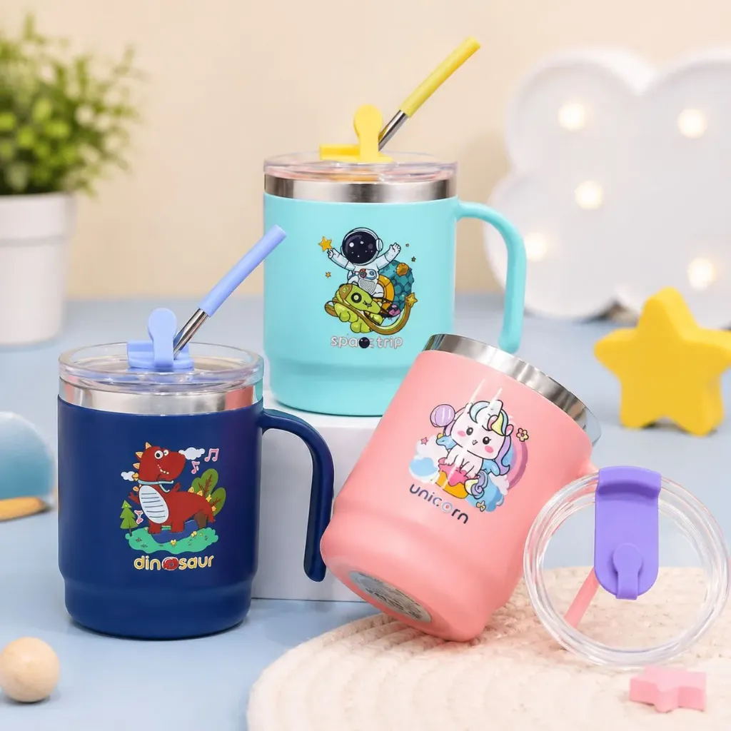Stainless Steel Insulated Mug with Lid & Straw 400ml - Kids Vacuum Cup (Assorted Design) Pack of 1