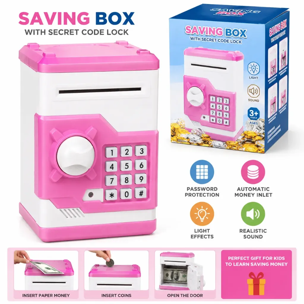 Electronic Money Saving Box with Password Lock & ATM Style Coin Bank for Boys & Girls