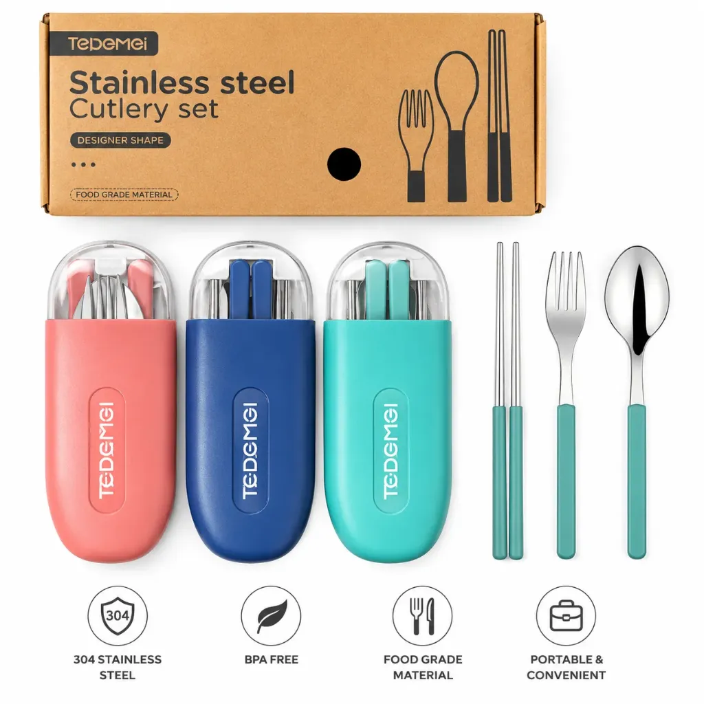 [KBS-2122] Stainless Steel Portable Cutlery Set with Case | Spoon Fork Chopsticks Travel Utensils Set for Office, School & Travel