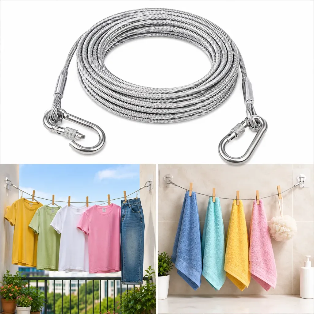 [KBS-2171] Steel Wire Cloth Rope (10 Meter) Heavy Duty Stainless Steel Wire Rope Cable with Locking Hooks for Clothes Drying, Outdoor, Garden, Gym & Utility Use