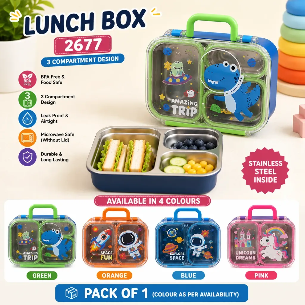 [KBS-2242] Stainless Steel 3 Compartment Lunch Box - 680ml (Model 2677)