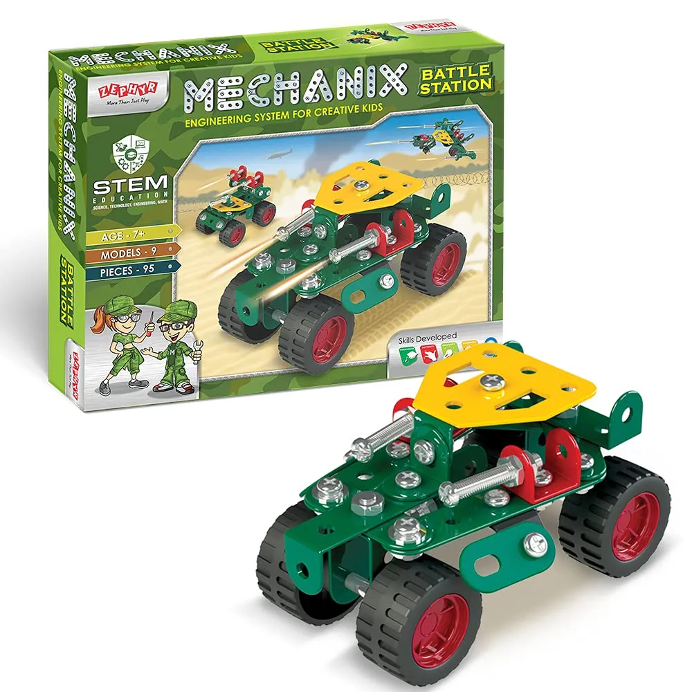 [KBS-2291] Zephyr Mechanix Battle Station Metal Construction Set for Kids (9 Models, 95 Pieces) - STEM Learning Educational Building Toy Kit -  Age 7+ Years