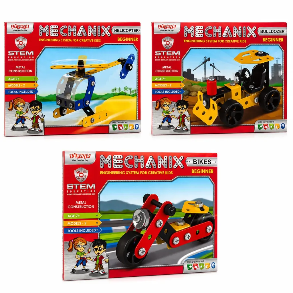 [KBS-2292] Zephyr Mechanix Beginner (Bikes/Helicopter/Bulldozer) Metal Construction Set for Kids (2 Models) - STEM Learning Educational Building Toy Kit -  Age 7+ Years