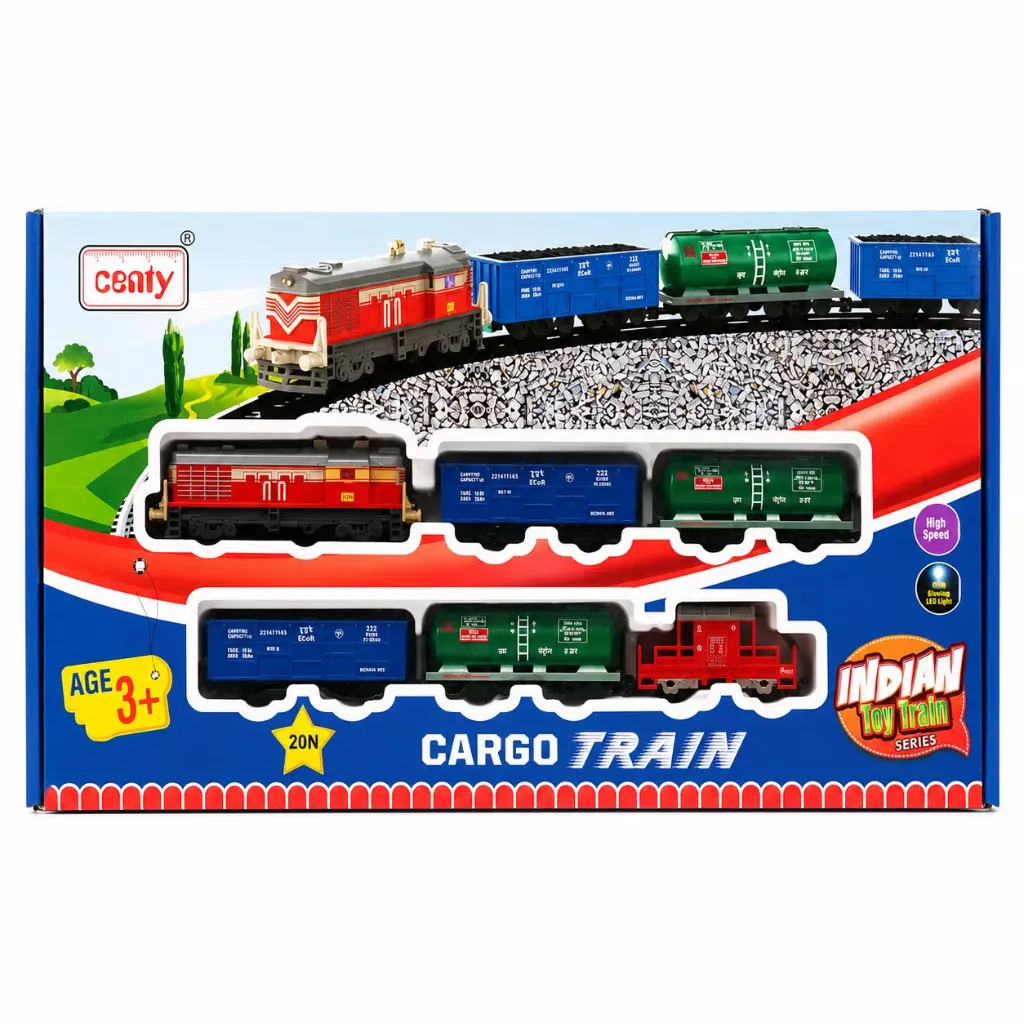 [KBS-2305] Centy Cargo Train Set with Tracks - Battery Operated 20 Piece Indian Cargo Train, High Speed with Glowing LED Light, Educational Toy for Kids Age 3+