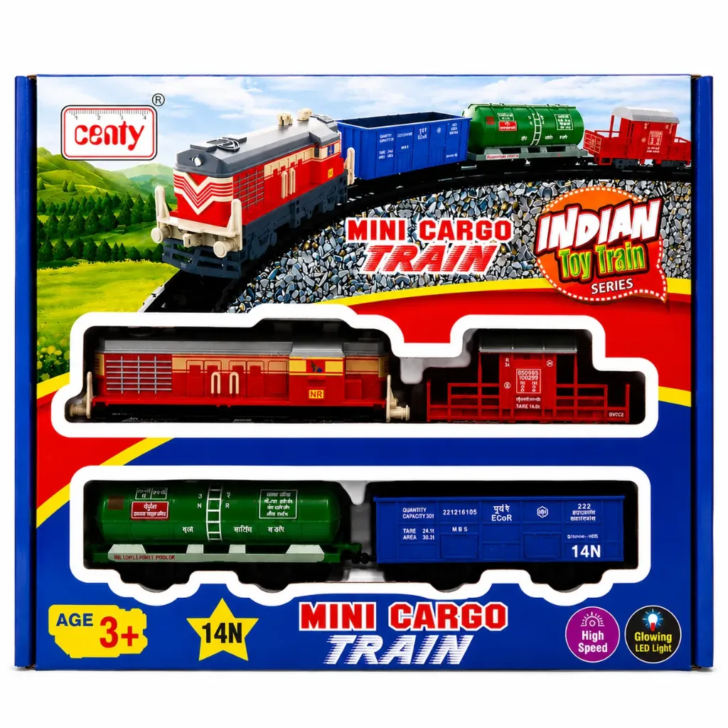[KBS-2306] Centy Mini Cargo Train Set with Tracks - Battery Operated 14 Piece Indian Mini Cargo Train, High Speed with Glowing LED Light, Educational Toy for Kids Age 3+