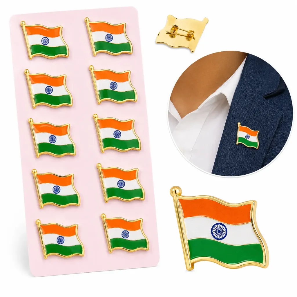 [KBS-2331] Metal Flag Badge - Tricolor Indian National Flag Brass Metal Lapel Pin for Saree, Coat, Shirt, Uniform & Bag for Independence Day & Republic Day Celebration (1 Piece)